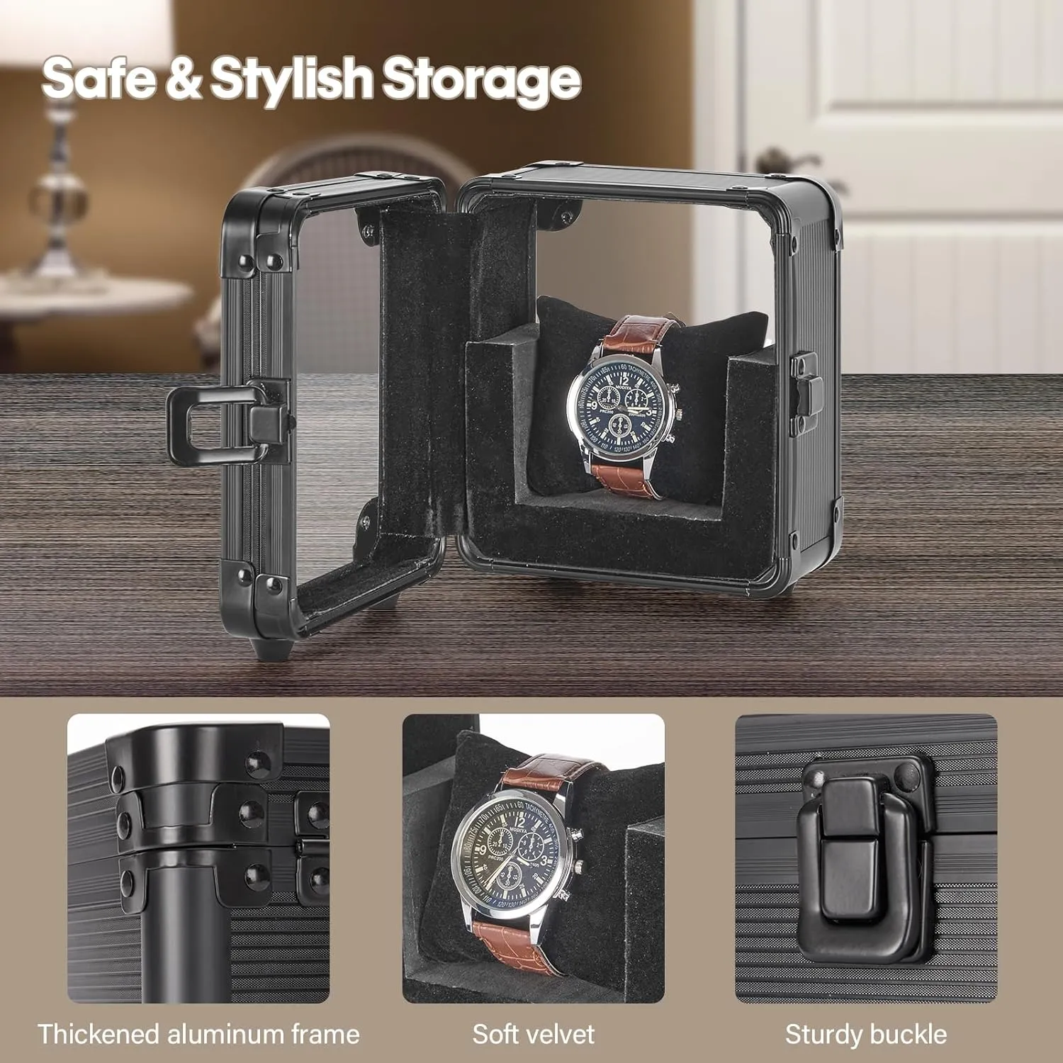 Watch Pillow, Black 5.12 x 3.74 x 6.3 Inches Aluminum Watch Box - Men Watch Display Case with Clear Acrylic Lid, Single Watch Organizer Box Watch Storage bestow rocket disinterested jumble Holder Watch Case with Removable 