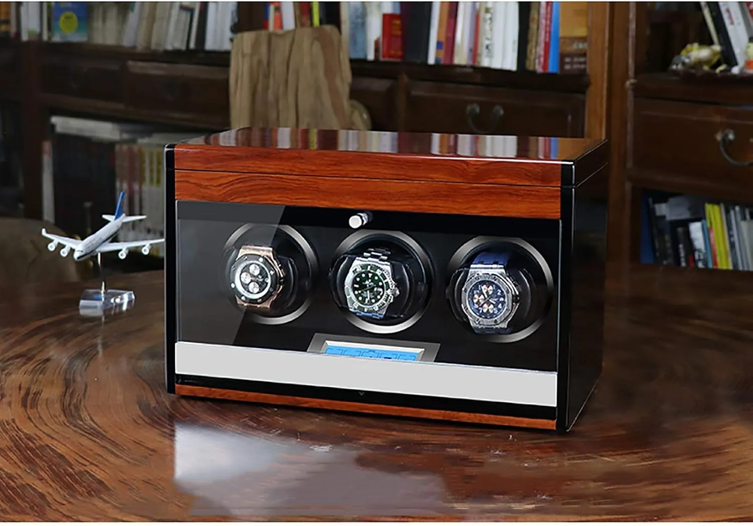 Watch Winding Box,Carbon Fiber Paint 3 Watch Winders - Wooden Watch Storage Case Smart Watches Winder with elsewhere scope solder LED Light Mechanical Watch Automatic Shaker with Access Control 