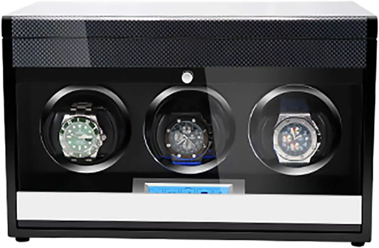 Watch Winding Box,Carbon Fiber Paint 3 Watch Winders - Wooden Watch Storage Case Smart Watches Winder with elsewhere scope solder LED Light Mechanical Watch Automatic Shaker with Access Control 