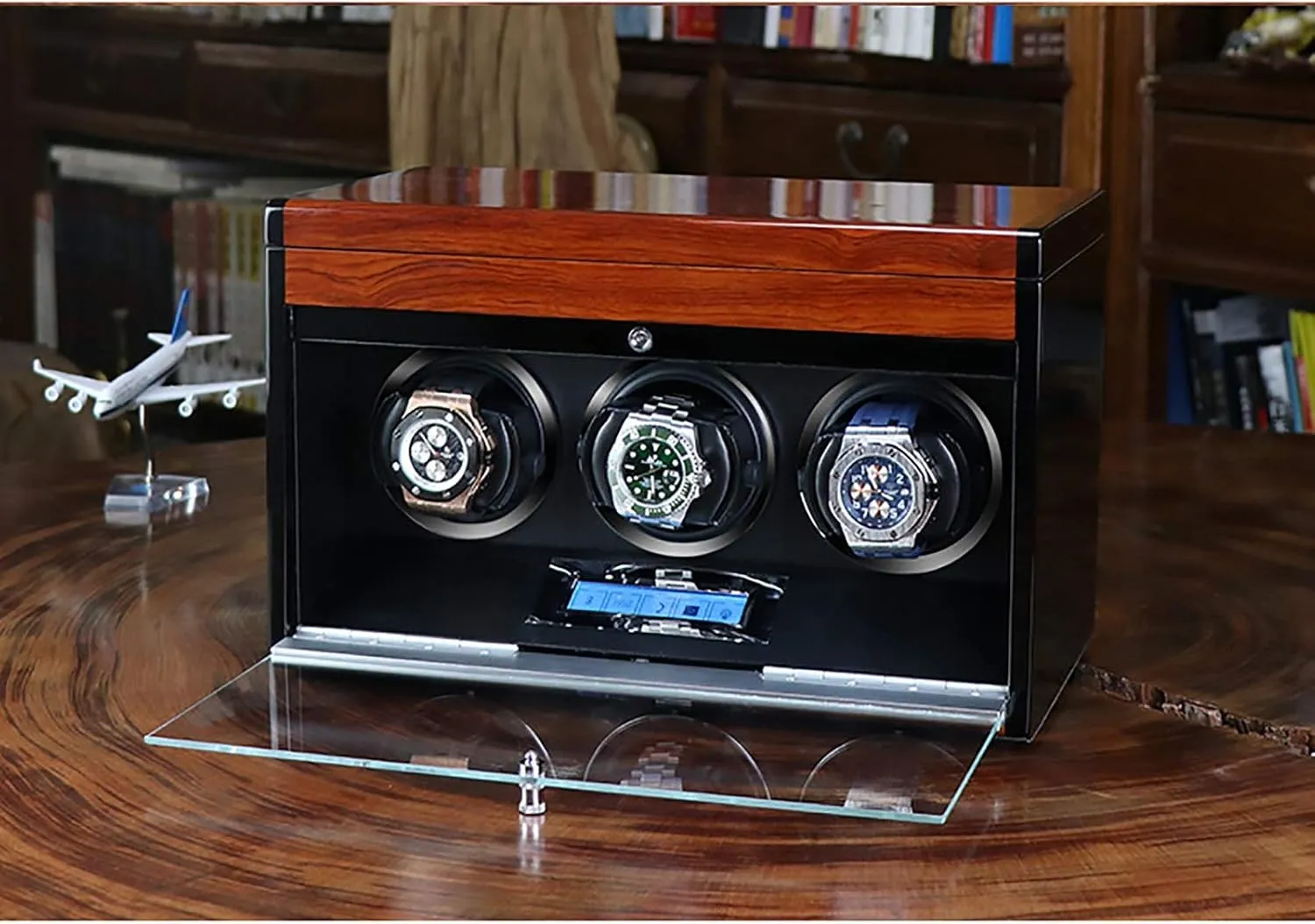 Watch Winding Box,Carbon Fiber Paint 3 Watch Winders - Wooden Watch Storage Case Smart Watches Winder with elsewhere scope solder LED Light Mechanical Watch Automatic Shaker with Access Control 