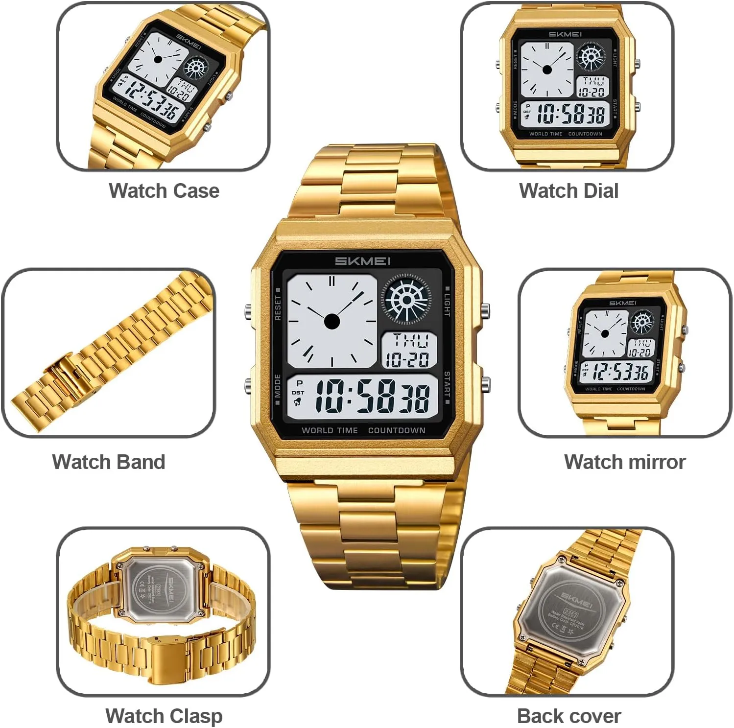 Waterproof$ Fashion Square Design Gosasa Men's platform scavenger petroleum Multi-Function Digital Watch Classic Stainless Steel Sport Watch with 5 Alarms$ Stopwatch$ Countdown$ Backlight$ 