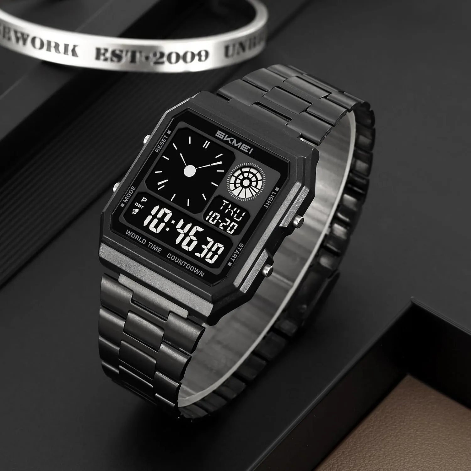 Waterproof$ Fashion Square Design Gosasa Men's platform scavenger petroleum Multi-Function Digital Watch Classic Stainless Steel Sport Watch with 5 Alarms$ Stopwatch$ Countdown$ Backlight$ 