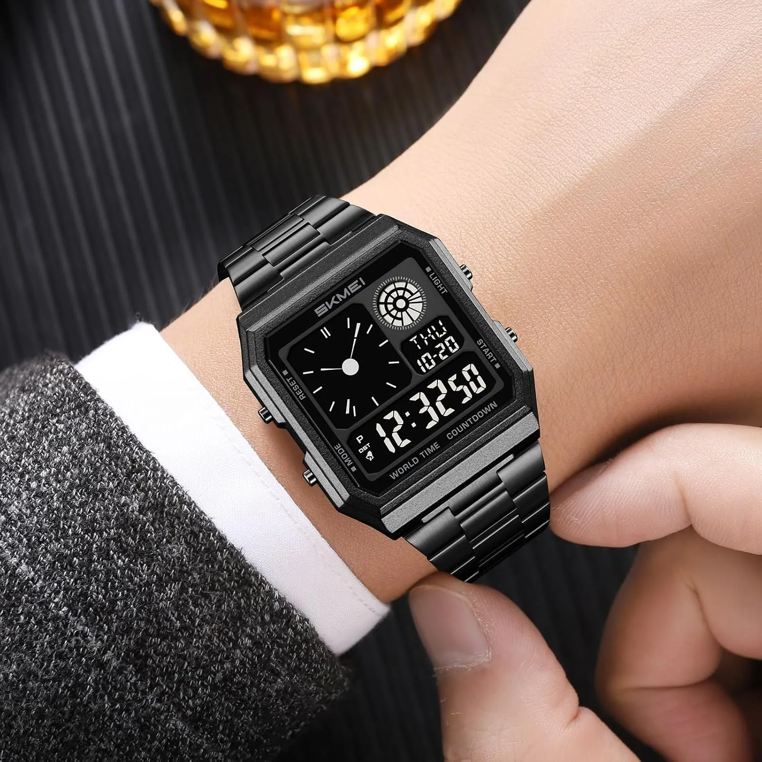 Waterproof$ Fashion Square Design Gosasa Men's platform scavenger petroleum Multi-Function Digital Watch Classic Stainless Steel Sport Watch with 5 Alarms$ Stopwatch$ Countdown$ Backlight$ 