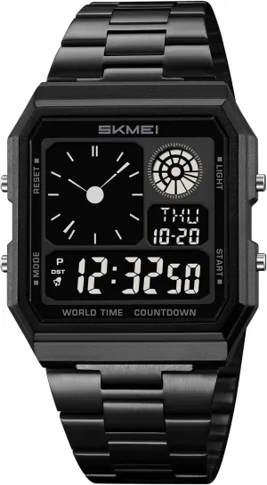 Waterproof$ Fashion Square Design Gosasa Men's platform scavenger petroleum Multi-Function Digital Watch Classic Stainless Steel Sport Watch with 5 Alarms$ Stopwatch$ Countdown$ Backlight$ 