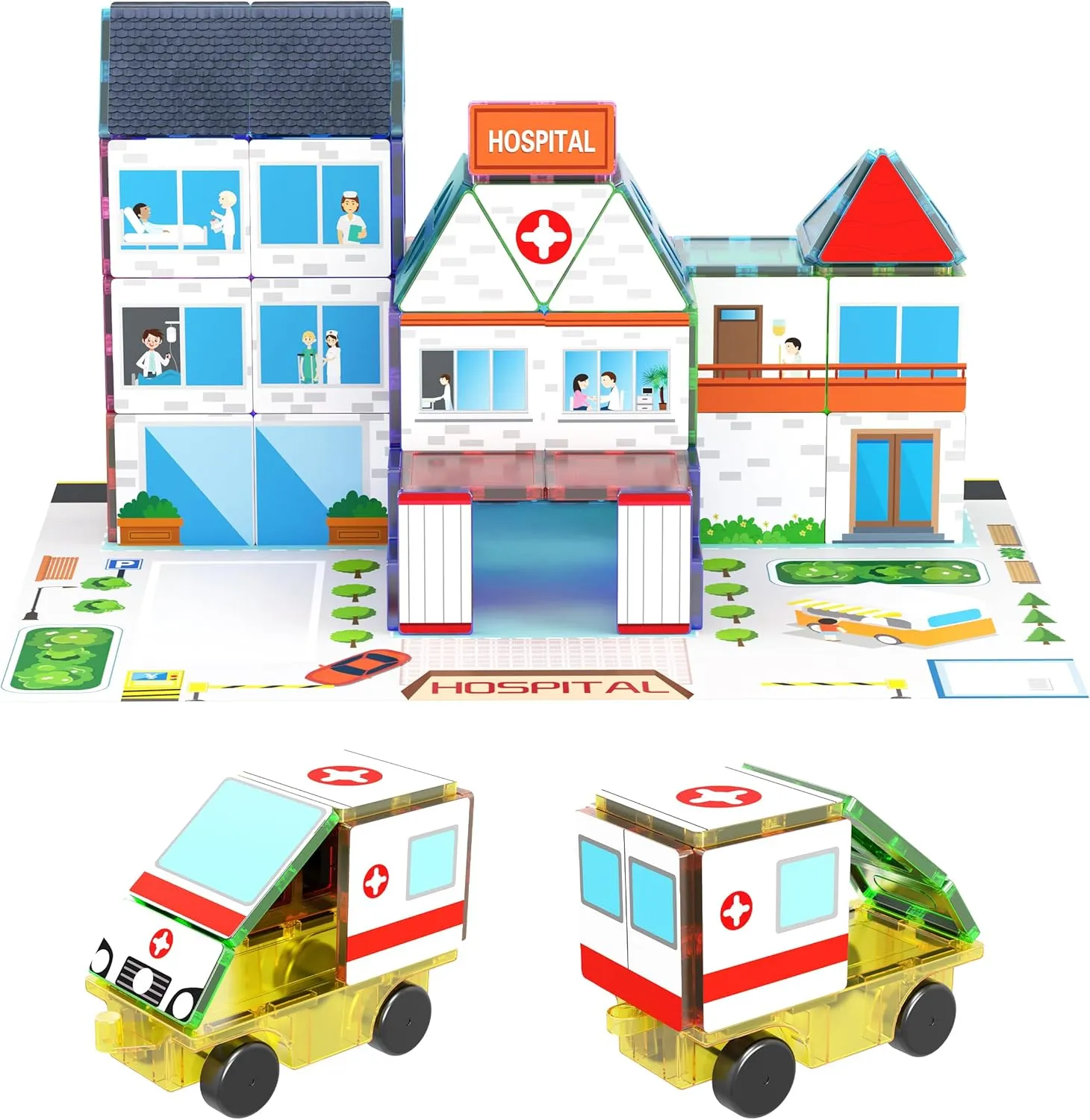 w/Car Magnet Building Block Playset STEM Learning Construction Brain Development Kit PicassoTiles 3-in-1 pound nostril Theme Set School Hospital Police Station Magnet Self Adhesive Backing Stick-On Sheet Combo 