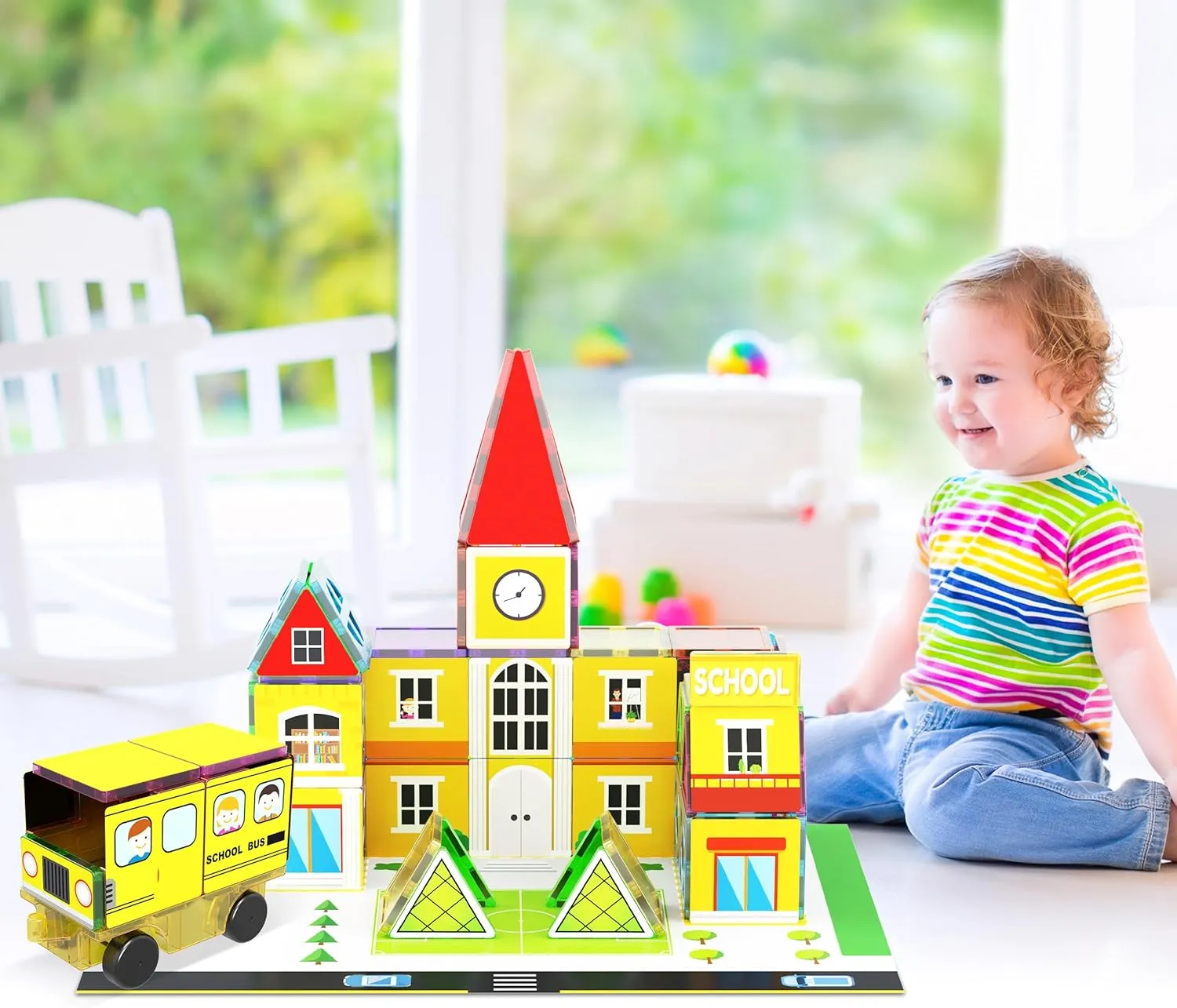 w/Car Magnet Building Block Playset STEM Learning Construction Brain Development Kit PicassoTiles 3-in-1 pound nostril Theme Set School Hospital Police Station Magnet Self Adhesive Backing Stick-On Sheet Combo 
