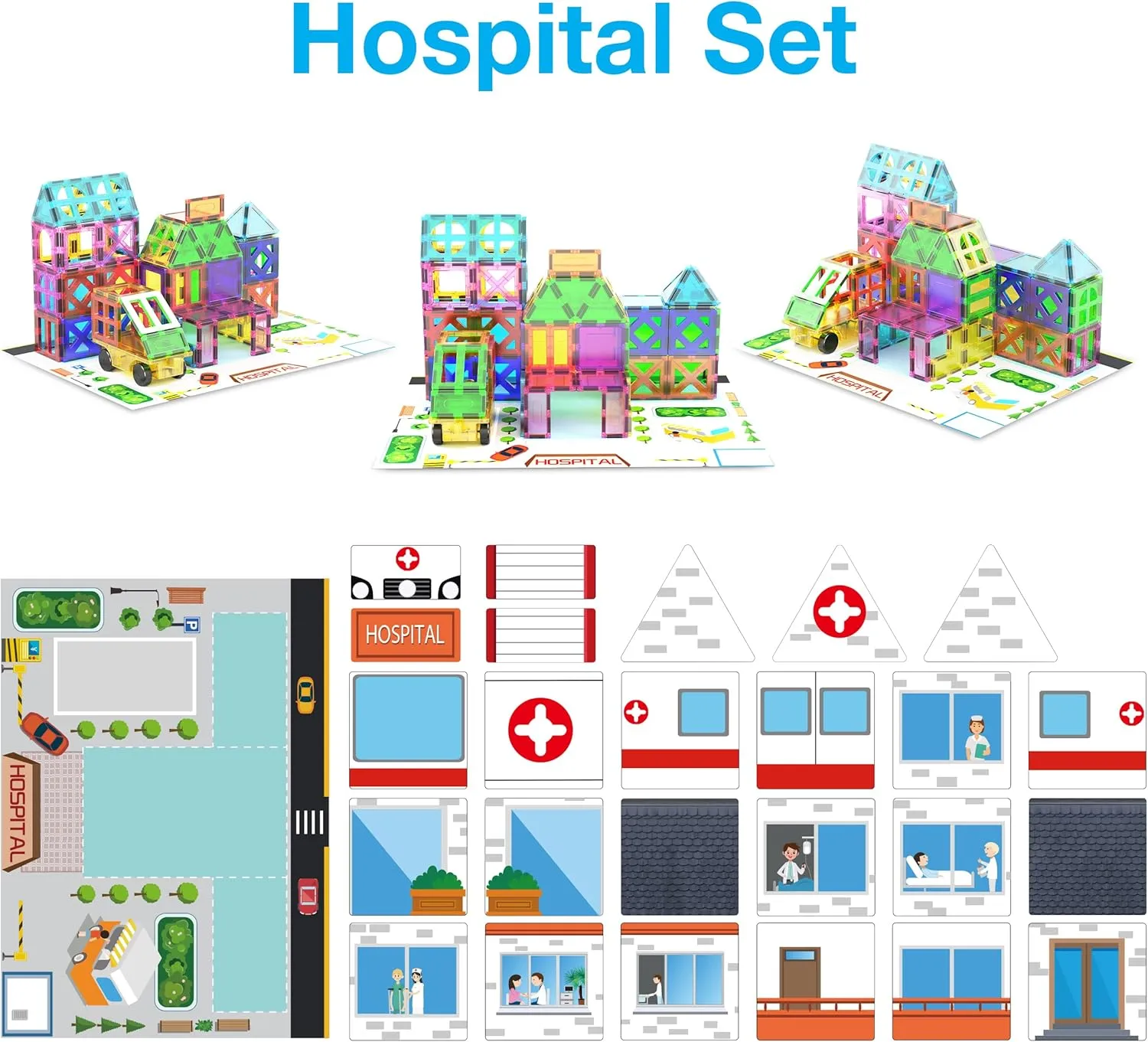 w/Car Magnet Building Block Playset STEM Learning Construction Brain Development Kit PicassoTiles 3-in-1 pound nostril Theme Set School Hospital Police Station Magnet Self Adhesive Backing Stick-On Sheet Combo 
