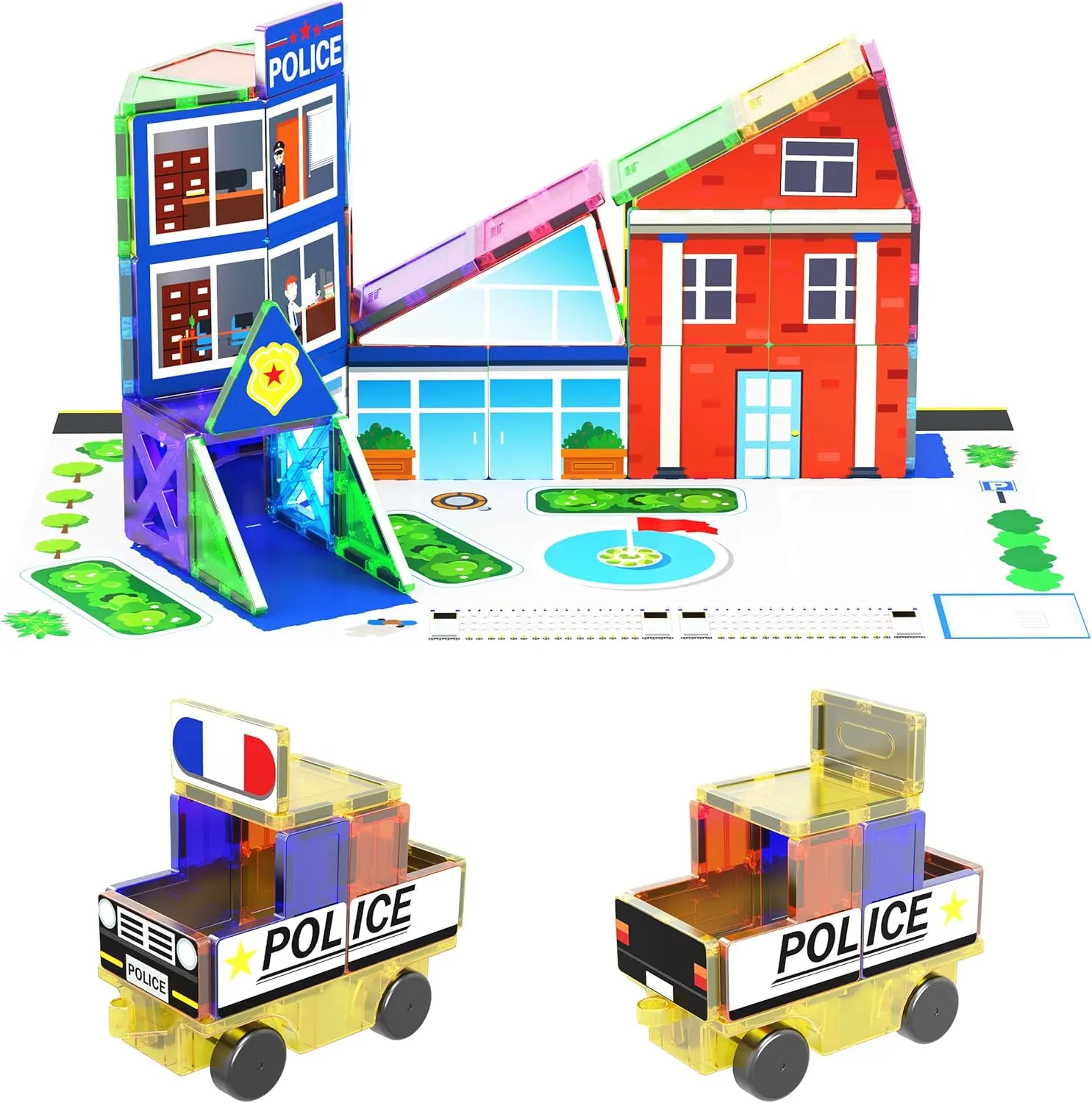 w/Car Magnet Building Block Playset STEM Learning Construction Brain Development Kit PicassoTiles 3-in-1 pound nostril Theme Set School Hospital Police Station Magnet Self Adhesive Backing Stick-On Sheet Combo 
