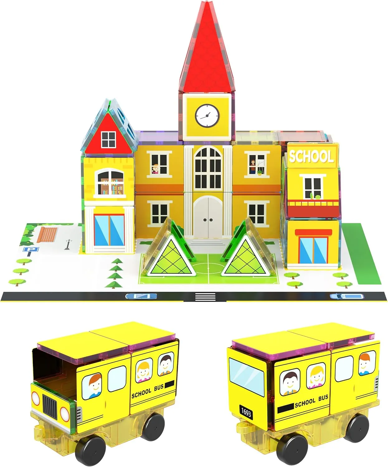 w/Car Magnet Building Block Playset STEM Learning Construction Brain Development Kit PicassoTiles 3-in-1 pound nostril Theme Set School Hospital Police Station Magnet Self Adhesive Backing Stick-On Sheet Combo 