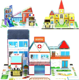 w/Car Magnet Building Block Playset STEM Learning Construction Brain Development Kit PicassoTiles 3-in-1 pound nostril Theme Set School Hospital Police Station Magnet Self Adhesive Backing Stick-On Sheet Combo 