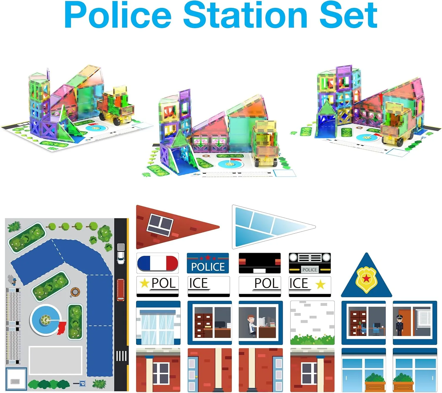 w/Car Magnet Building Block Playset STEM Learning Construction Brain Development Kit PicassoTiles 3-in-1 pound nostril Theme Set School Hospital Police Station Magnet Self Adhesive Backing Stick-On Sheet Combo 
