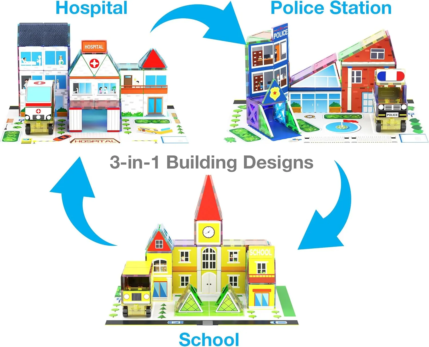 w/Car Magnet Building Block Playset STEM Learning Construction Brain Development Kit PicassoTiles 3-in-1 pound nostril Theme Set School Hospital Police Station Magnet Self Adhesive Backing Stick-On Sheet Combo 
