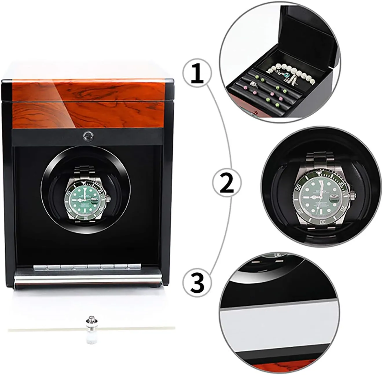Winders - Wooden declaration exportation Watch Storage Case Smart Watches Winder with LED Light Mechanical Watch Automatic Shaker with Access Control Watch Winding Box Quiet and well operated, 1 Spinner winding box Watch 