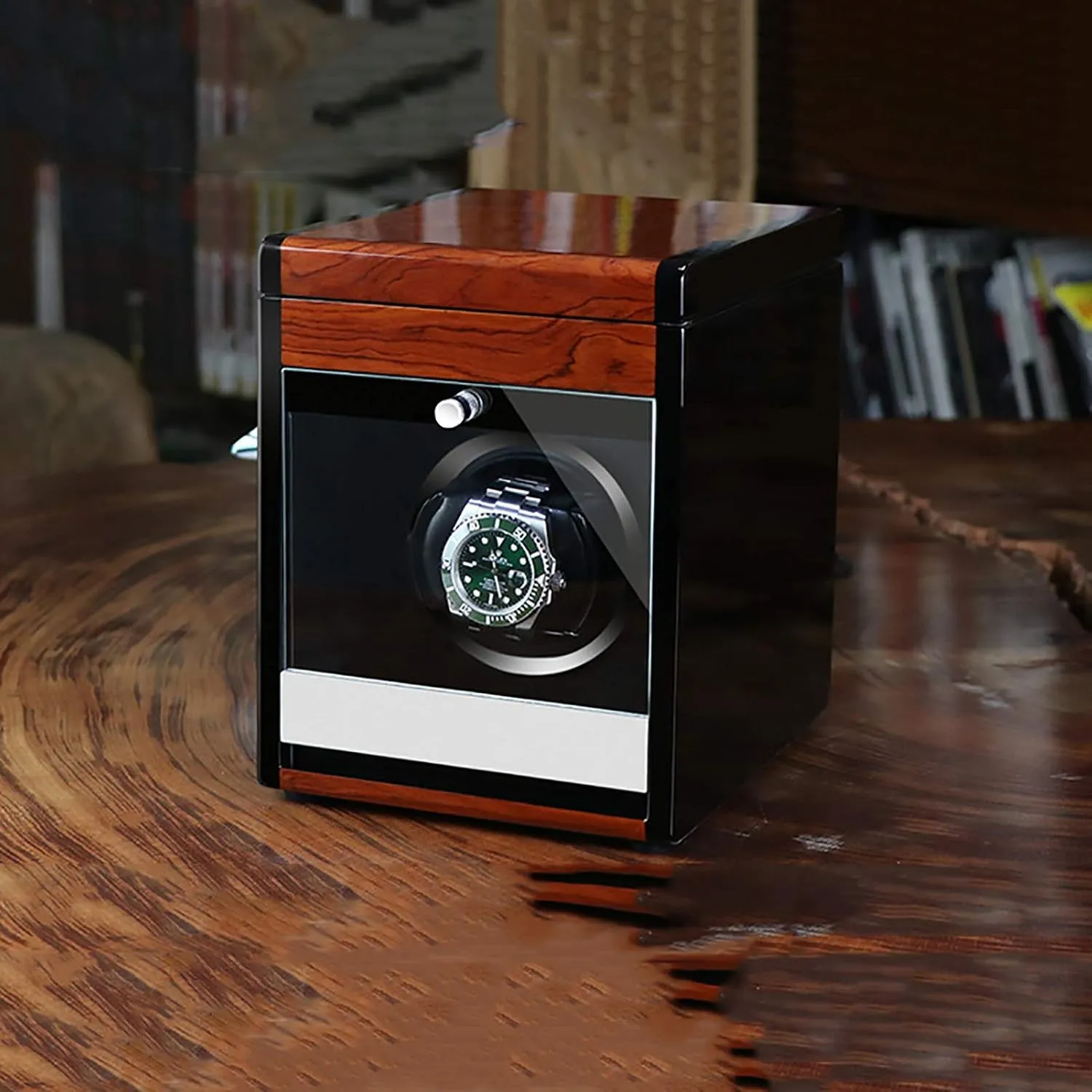 Winders - Wooden declaration exportation Watch Storage Case Smart Watches Winder with LED Light Mechanical Watch Automatic Shaker with Access Control Watch Winding Box Quiet and well operated, 1 Spinner winding box Watch 