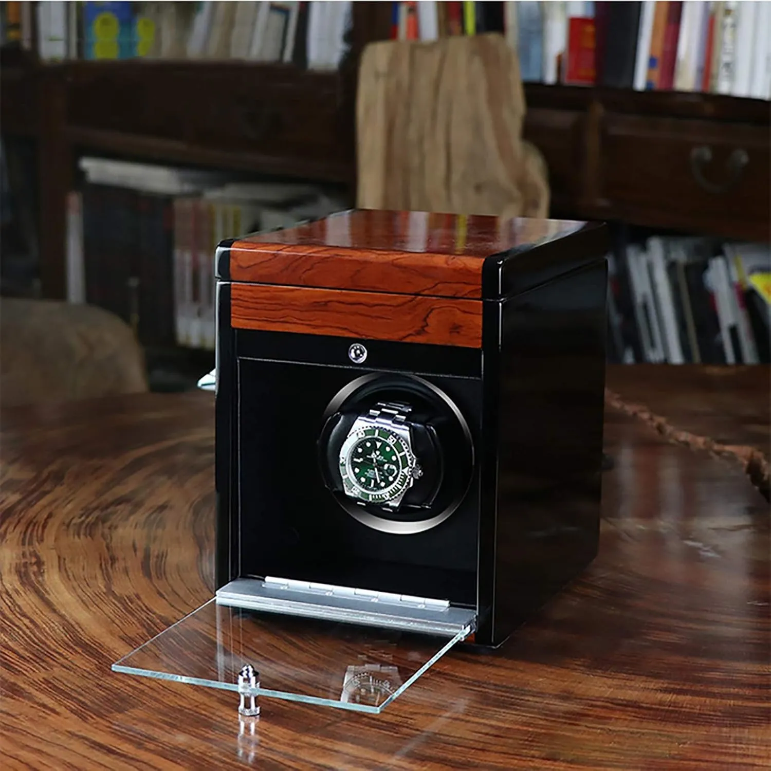 Winders - Wooden declaration exportation Watch Storage Case Smart Watches Winder with LED Light Mechanical Watch Automatic Shaker with Access Control Watch Winding Box Quiet and well operated, 1 Spinner winding box Watch 