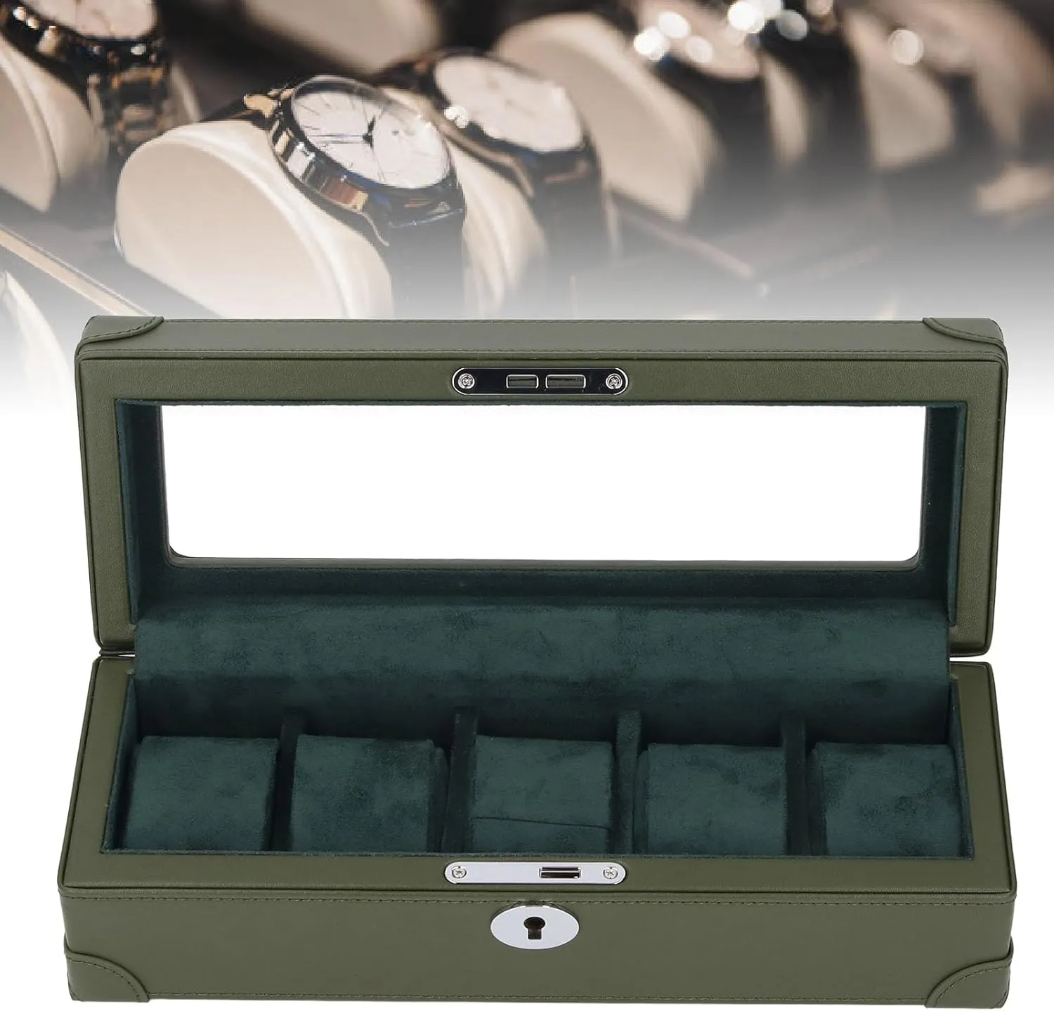Window, Microfiber Leather Exquisite Soft realistic Plush Lining, Mechanical Watch Case, for All Occasions (Green) BAFOVY 5 Slot Watch Box with Glass 