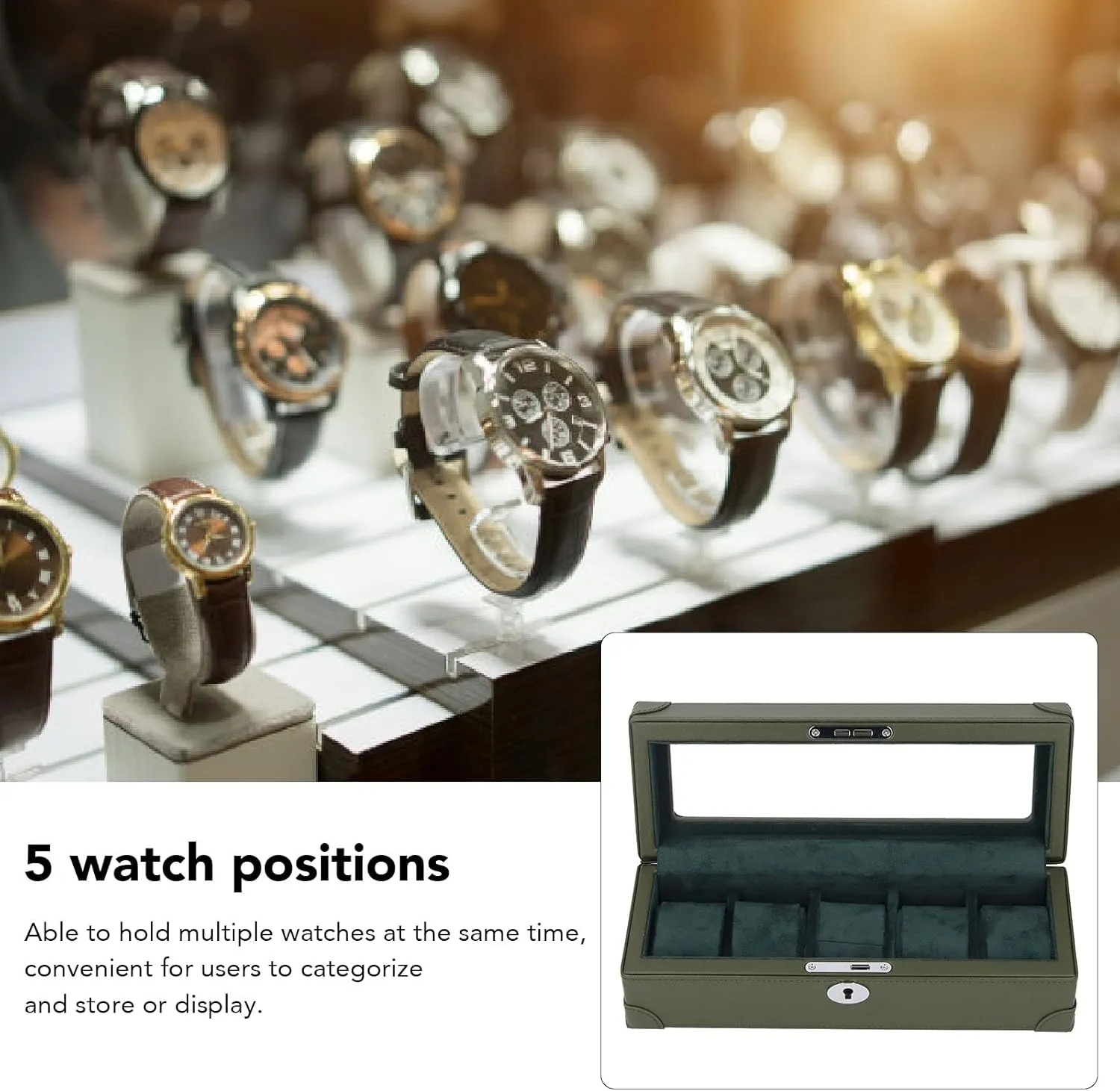 Window, Microfiber Leather Exquisite Soft realistic Plush Lining, Mechanical Watch Case, for All Occasions (Green) BAFOVY 5 Slot Watch Box with Glass 