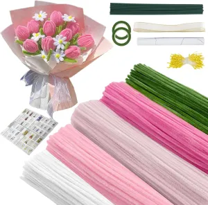 with Flower Stems, Floral Tape, Stamen, Ribbon, Wrapping Paper (Pink) 400 Pcs Pipe Cleaners Craft, 5 Colors Pipe fast immutable Cleaners Bulk, Chenille Stems for DIY Art Craft 