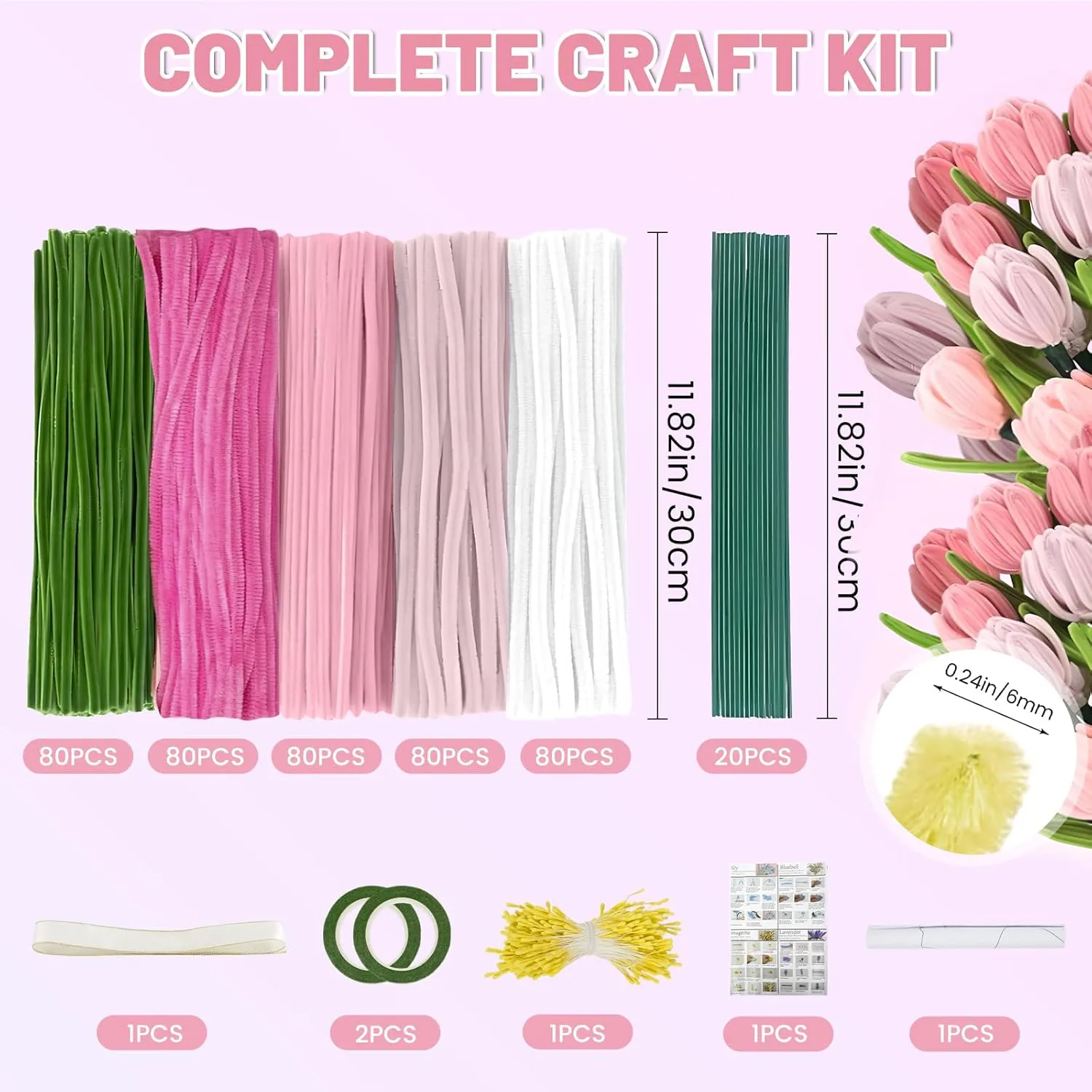 with Flower Stems, Floral Tape, Stamen, Ribbon, Wrapping Paper (Pink) 400 Pcs Pipe Cleaners Craft, 5 Colors Pipe fast immutable Cleaners Bulk, Chenille Stems for DIY Art Craft 