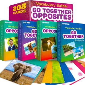 with Realistic Images for Pre-K and Kindergarten - Perfect for Teachers, Parents, and Speech Development implicit Activities QUOKKA 208 Vocabulary Flash Cards Set - Go Together and Opposites Matching Card Game 