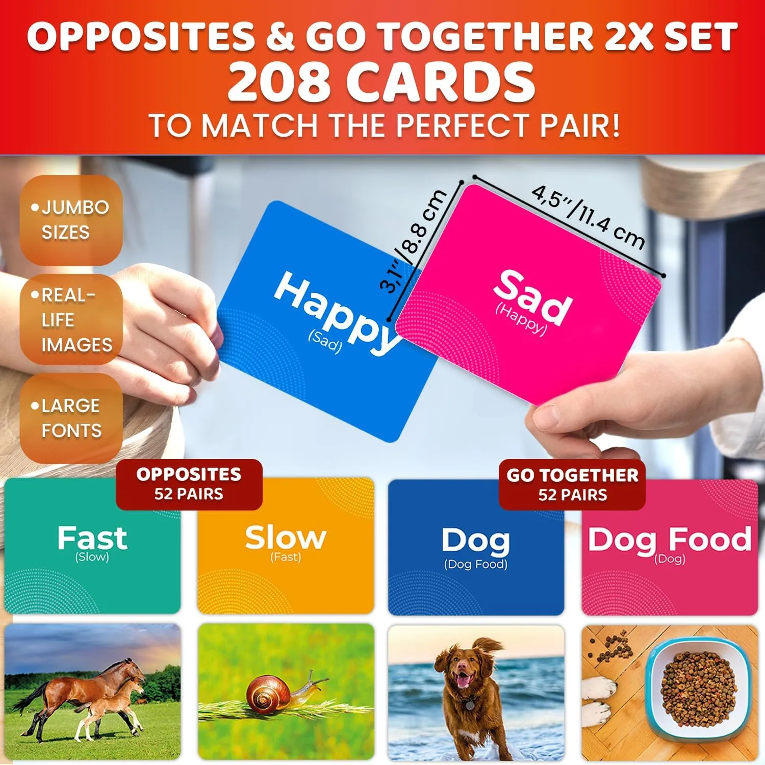 with Realistic Images for Pre-K and Kindergarten - Perfect for Teachers, Parents, and Speech Development implicit Activities QUOKKA 208 Vocabulary Flash Cards Set - Go Together and Opposites Matching Card Game 