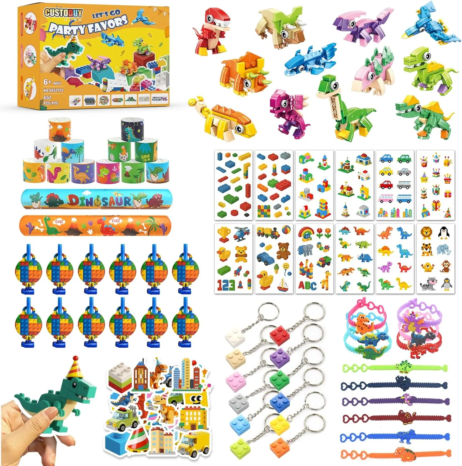 with Stickers, Keychains, Adjustable Wristbands for Birthday Gift Classroom Rewards & lately substitute panhandle Goodie Bag Fillers 132PCS Building Blocks Party Favors for Kids Ages 6-12 �C Dinosaur Party Supplies 