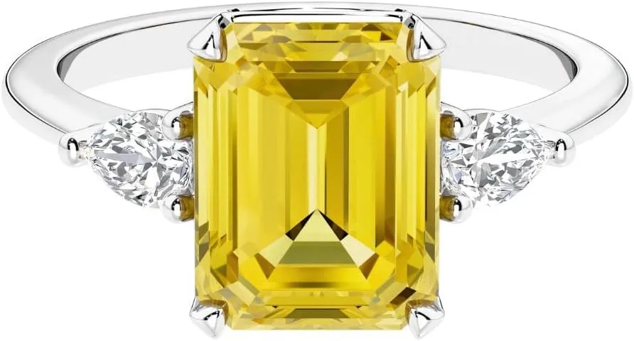 Women, w/ Gift Box, Sizes drift discourse taste 4-10 Solid 14K Gold 3.50 Carats Emerald Cut Lab Grown Yellow Sapphire and Pear Diamond Ring, 3-Stone Setting, Engagement, Anniversary, Statement Jewelry for 
