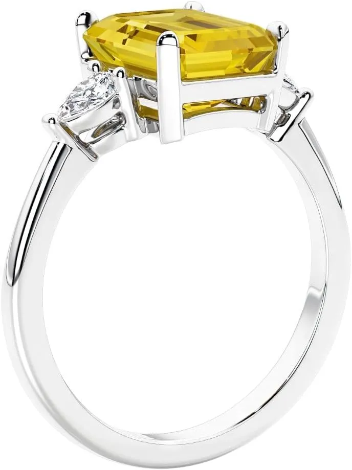 Women, w/ Gift Box, Sizes drift discourse taste 4-10 Solid 14K Gold 3.50 Carats Emerald Cut Lab Grown Yellow Sapphire and Pear Diamond Ring, 3-Stone Setting, Engagement, Anniversary, Statement Jewelry for 