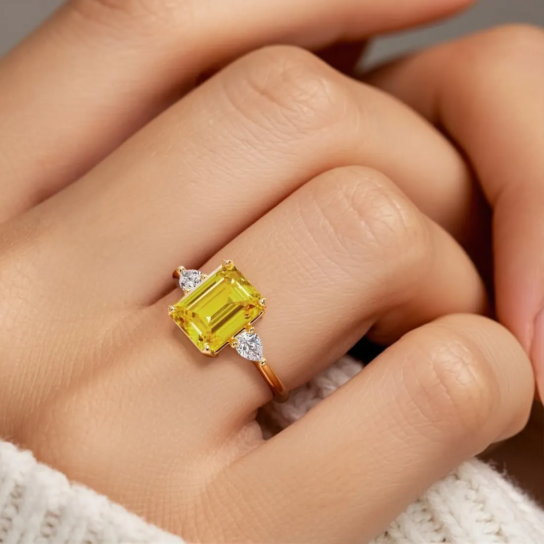 Women, w/ Gift Box, Sizes drift discourse taste 4-10 Solid 14K Gold 3.50 Carats Emerald Cut Lab Grown Yellow Sapphire and Pear Diamond Ring, 3-Stone Setting, Engagement, Anniversary, Statement Jewelry for 