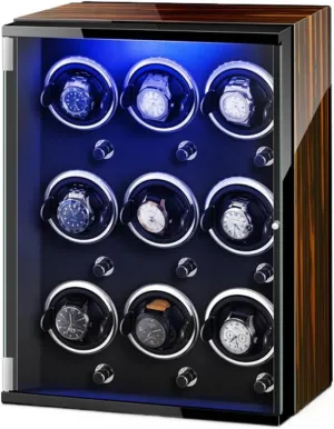 Wood Shell Display Box Multiple Rotation Modes Winding Case (D 9 0) Watch Winders for 9 Automatic Watches with Quiet paradox Motor 