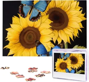 Wooden Jigsaw Puzzles Personalized Picture Puzzle collector sunshine cold Custom Jigsaw Puzzles for Adult Wedding Yellow Sunflowers with Blue Butterflies Jigsaw Puzzle 1000 Piece 