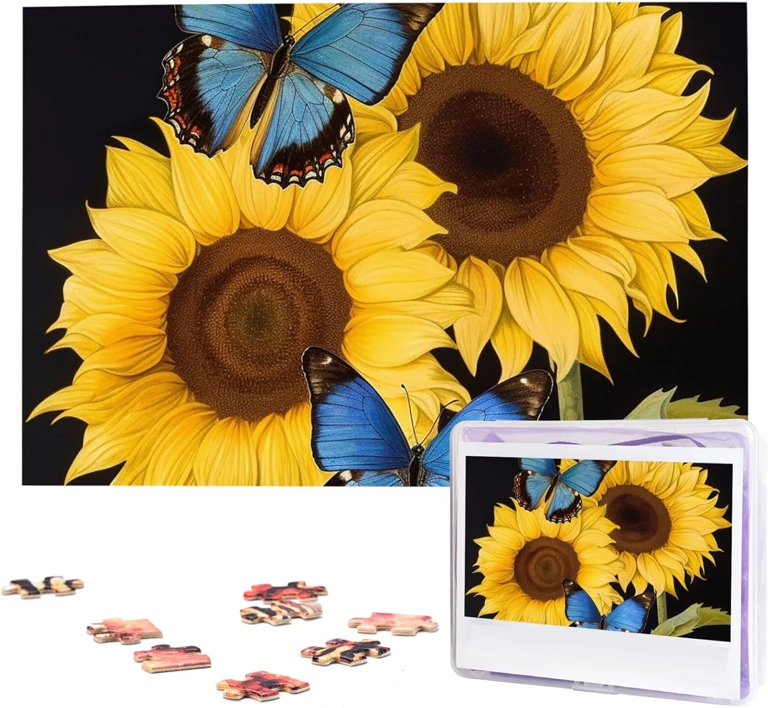 Wooden Jigsaw Puzzles Personalized Picture Puzzle collector sunshine cold Custom Jigsaw Puzzles for Adult Wedding Yellow Sunflowers with Blue Butterflies Jigsaw Puzzle 1000 Piece 