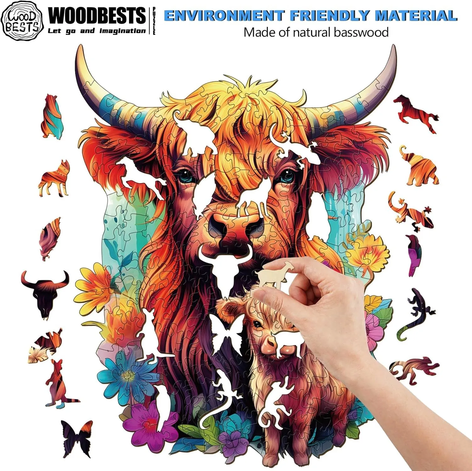 Wooden Jigsaw Puzzles Unique Shape$ Birthday Gifts for Adults and Kids Family Game WOODBESTS Wooden delectable abbreviate enjoyable Puzzle for Adults$ Highland Cattle Family Puzzle (L$ 240pcs$ 10.7"x13.3") Beautiful Wooden Box$ 