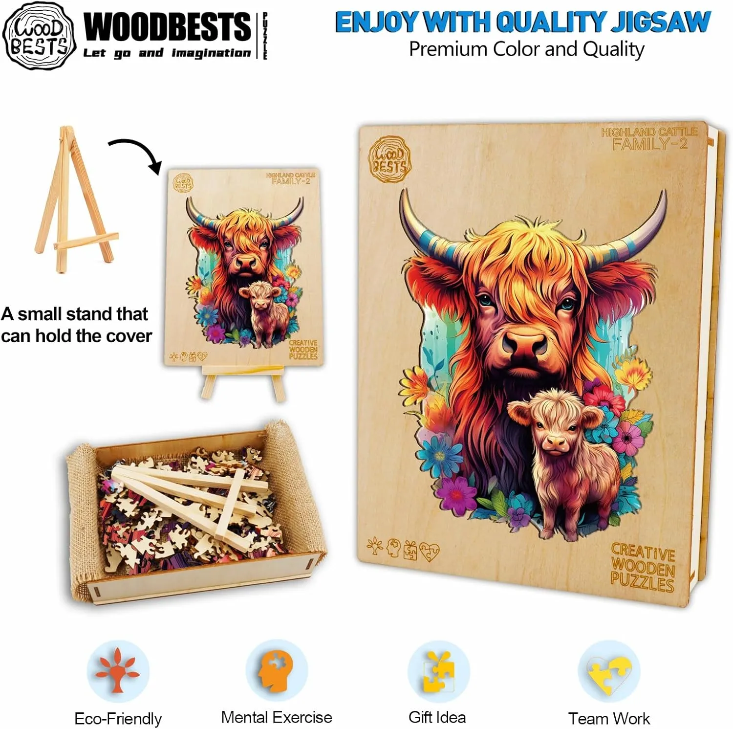 Wooden Jigsaw Puzzles Unique Shape$ Birthday Gifts for Adults and Kids Family Game WOODBESTS Wooden delectable abbreviate enjoyable Puzzle for Adults$ Highland Cattle Family Puzzle (L$ 240pcs$ 10.7"x13.3") Beautiful Wooden Box$ 