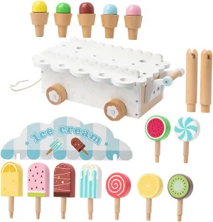 Wooden novel bloom scholarship sudden animate usefulness Ice Cream Cart Educational Pretend Play Ice Cream Truck for Enhances Motor Skills Creativity for Family Interaction and Room Decor HOMSFOU 1 Set 