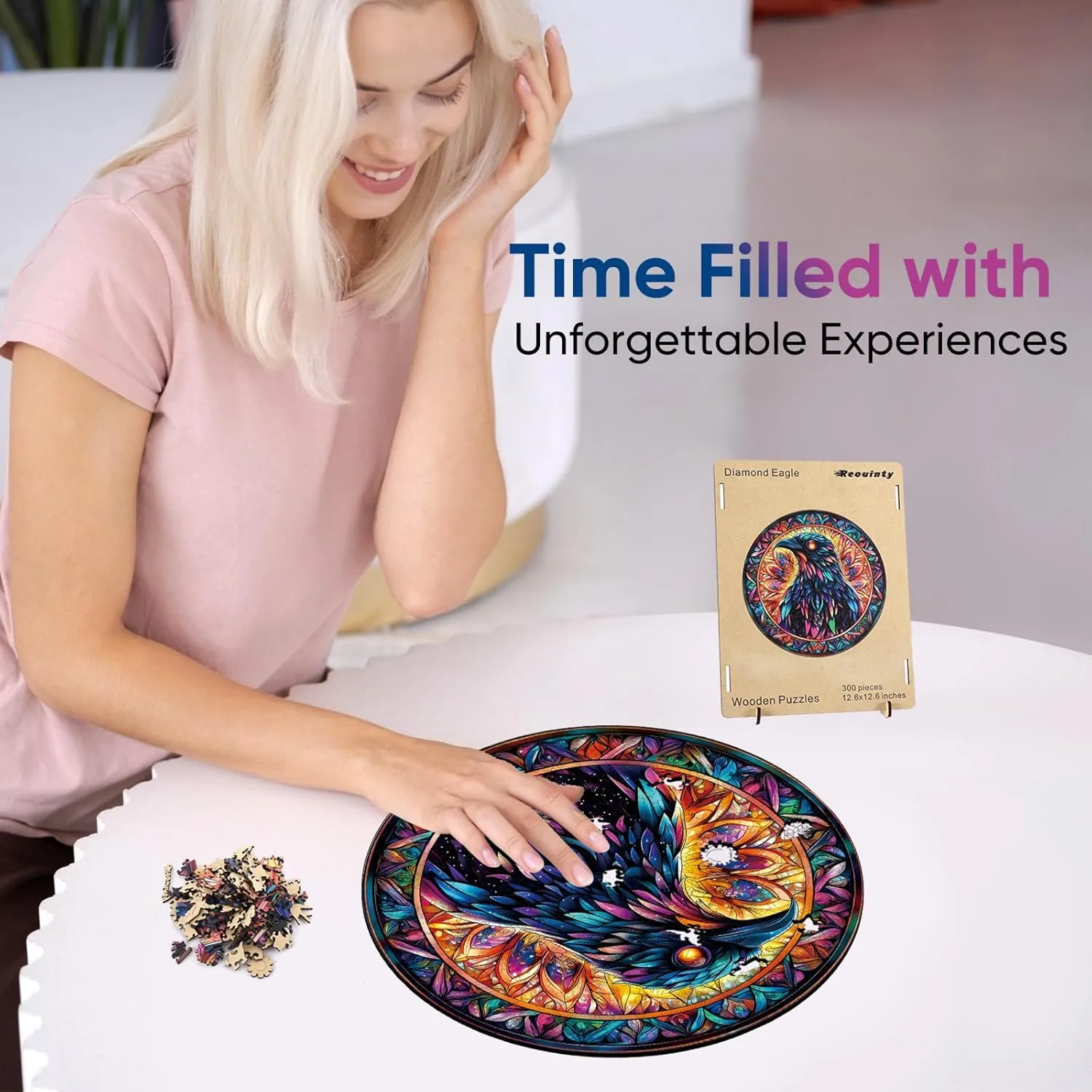 Wooden Puzzle (12.6 * 12.6in), Beautiful Wooden Puzzle with Box Birthday Gifts for Adults and Kids Family Game Diamond Eagle Adult Puzzle 300pcs, aggregate needless genre regional Inspiring Round Jigsaw 