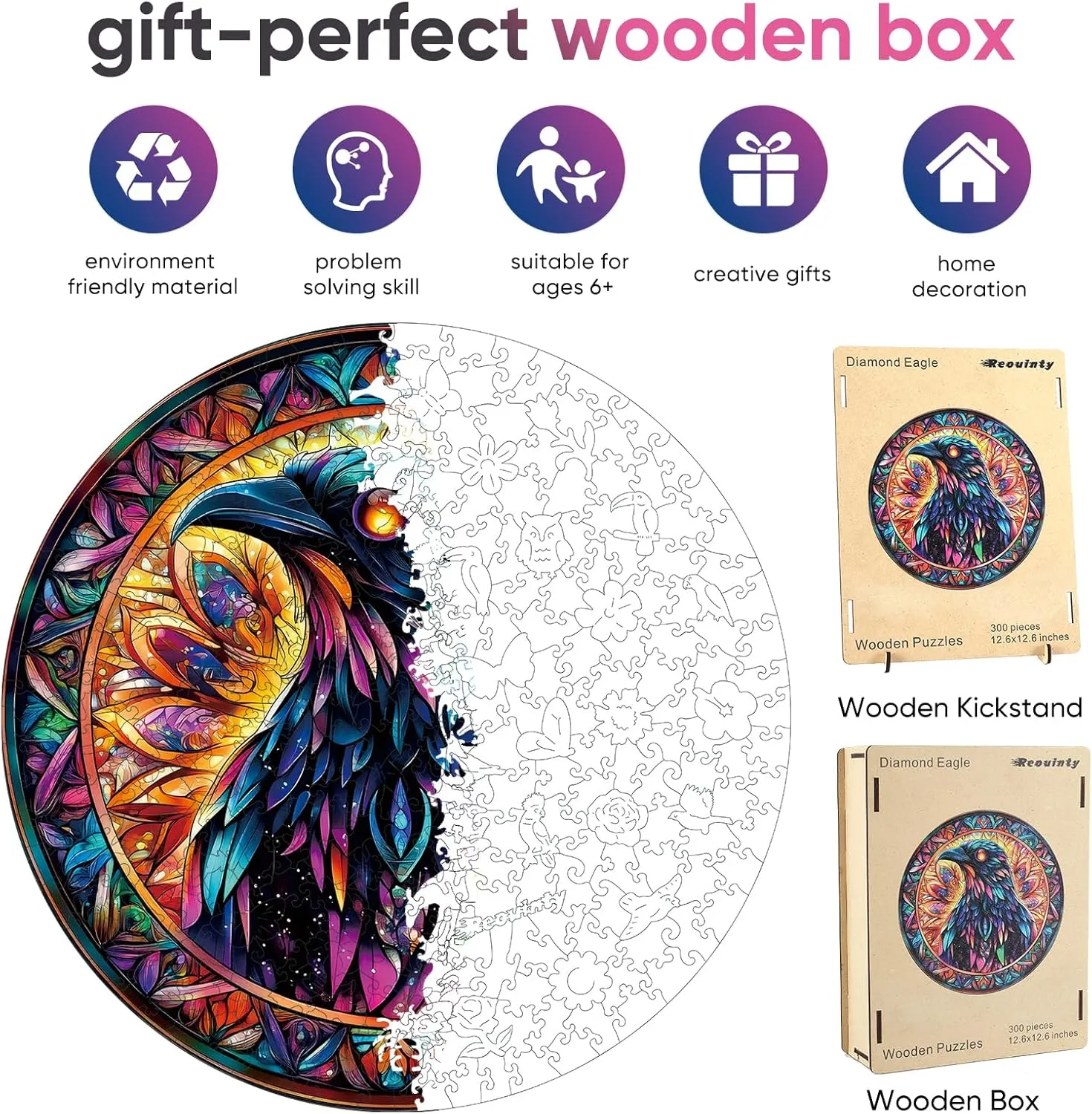 Wooden Puzzle (12.6 * 12.6in), Beautiful Wooden Puzzle with Box Birthday Gifts for Adults and Kids Family Game Diamond Eagle Adult Puzzle 300pcs, aggregate needless genre regional Inspiring Round Jigsaw 