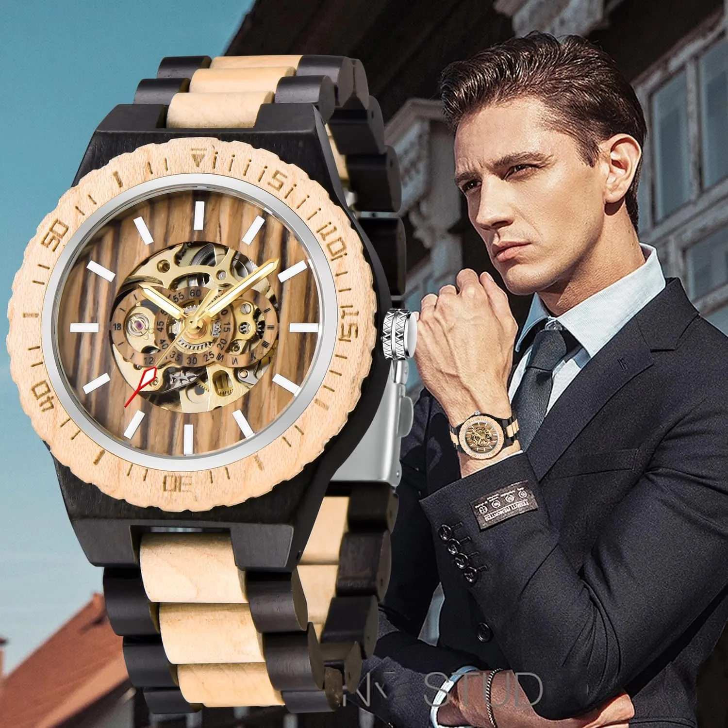 Wooden Watch for Men, Mechanical Movement Wooden Strap Men's Watch for Father's Day, Birthday Tiong No Battery Fashion float Mechanical 
