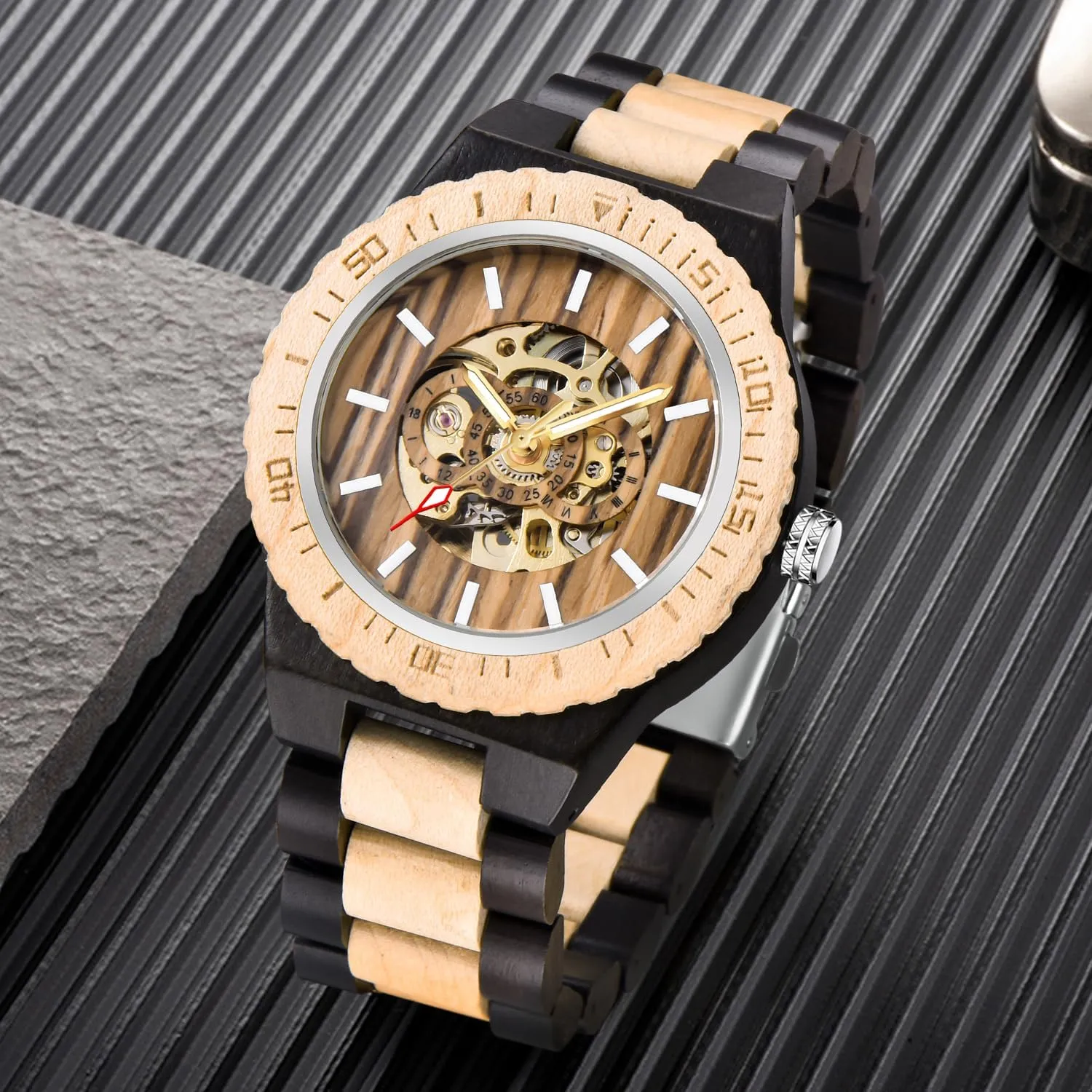 Wooden Watch for Men, Mechanical Movement Wooden Strap Men's Watch for Father's Day, Birthday Tiong No Battery Fashion float Mechanical 