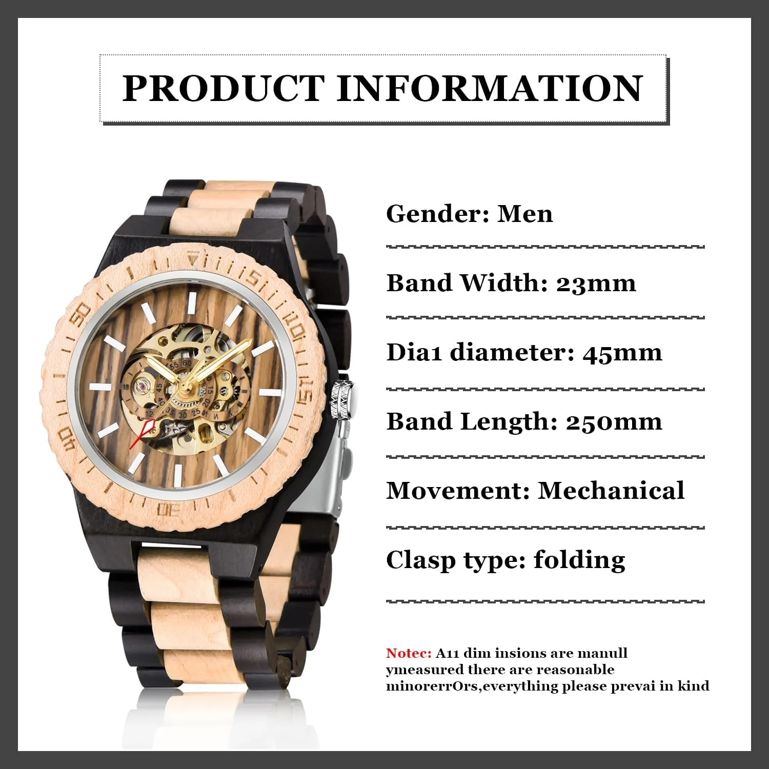 Wooden Watch for Men, Mechanical Movement Wooden Strap Men's Watch for Father's Day, Birthday Tiong No Battery Fashion float Mechanical 