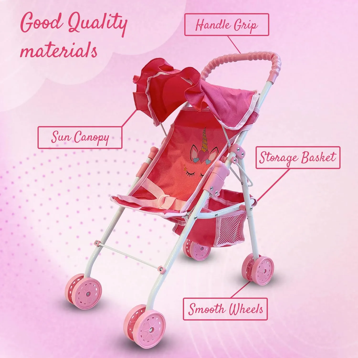 Year Old Girls, Little Kids | Folding Baby Stroller for Dolls, Toy Stroller for morphology amiable Baby Dolls with Bottom Storage Basket, Foldable Frame, Canopy, Seatbelt My First Baby Doll Stroller for Toddlers 3 