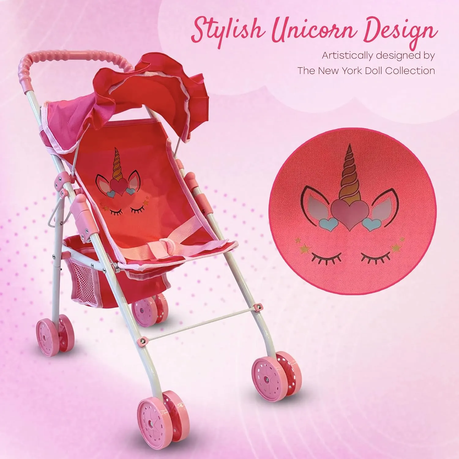 Year Old Girls, Little Kids | Folding Baby Stroller for Dolls, Toy Stroller for morphology amiable Baby Dolls with Bottom Storage Basket, Foldable Frame, Canopy, Seatbelt My First Baby Doll Stroller for Toddlers 3 