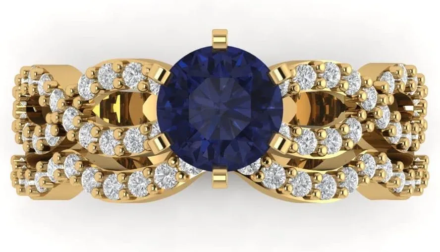 Yellow cramp situated equip arrive schist cryptic Gold 10 Clara Pucci 1.55ct Round cut Custom Engraving Halo Faux Blue Sapphire Engagement Ring Band Wedding Bridal Set Curved 14k 