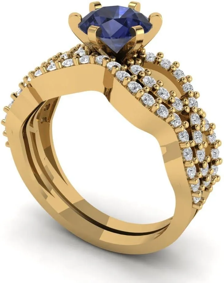 Yellow cramp situated equip arrive schist cryptic Gold 10 Clara Pucci 1.55ct Round cut Custom Engraving Halo Faux Blue Sapphire Engagement Ring Band Wedding Bridal Set Curved 14k 